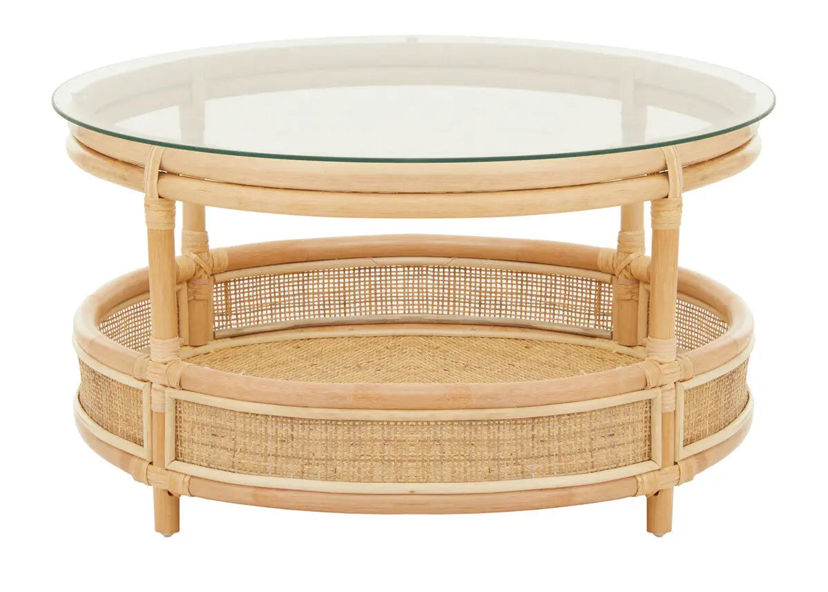 Clear Glass Top Natural Rattan Round Coffee Table with Lower Storage Shelf, Mataram