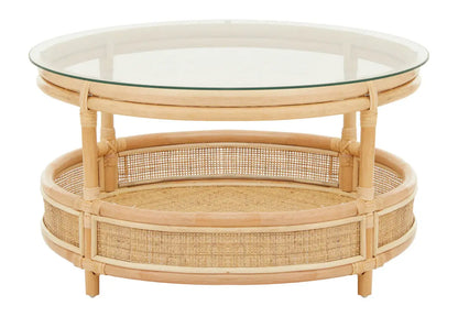 Clear Glass Top Natural Rattan Round Coffee Table with Lower Storage Shelf, Mataram