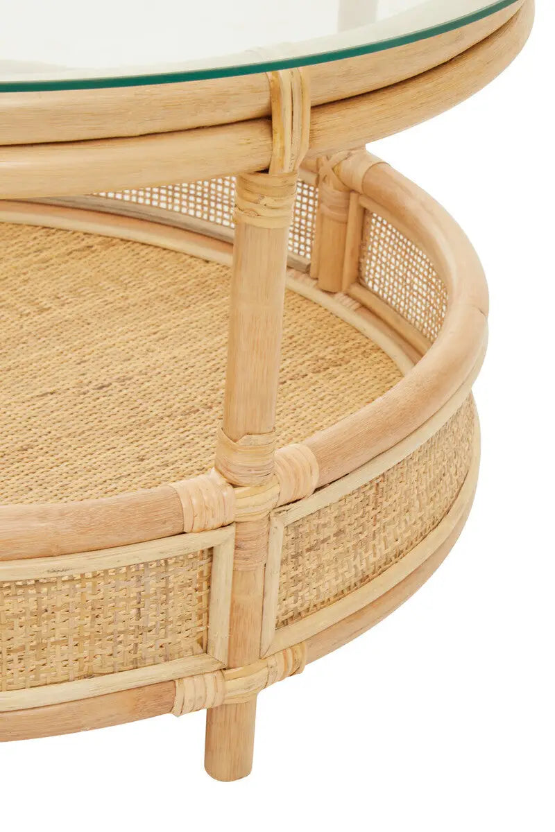 Clear Glass Top Natural Rattan Round Coffee Table with Lower Storage Shelf, Mataram