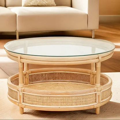 Clear Glass Top Natural Rattan Round Coffee Table with Lower Storage Shelf, Mataram