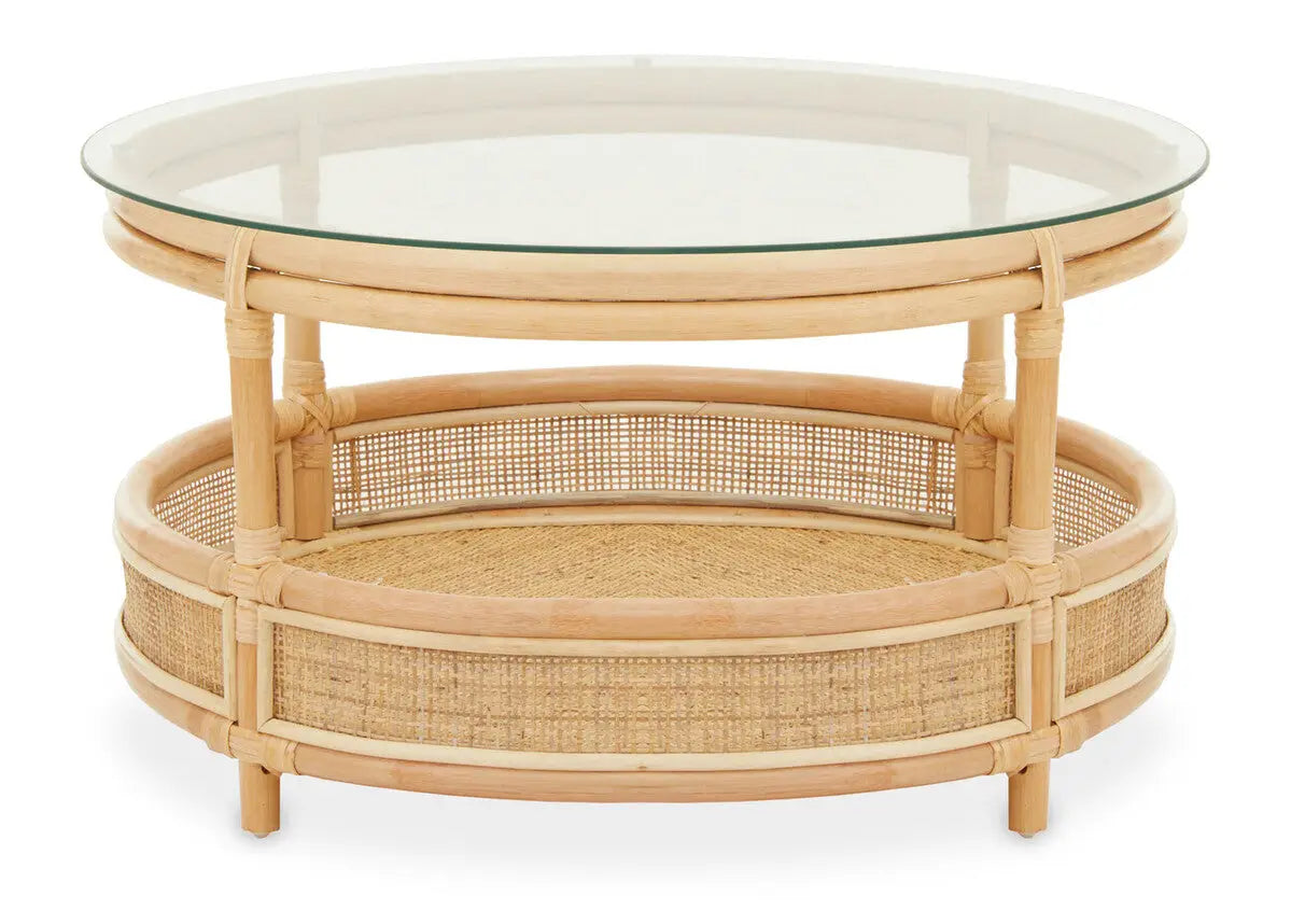Clear Glass Top Natural Rattan Round Coffee Table with Lower Storage Shelf, Mataram