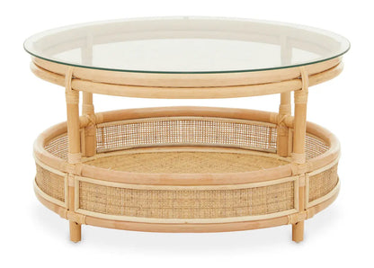 Clear Glass Top Natural Rattan Round Coffee Table with Lower Storage Shelf, Mataram
