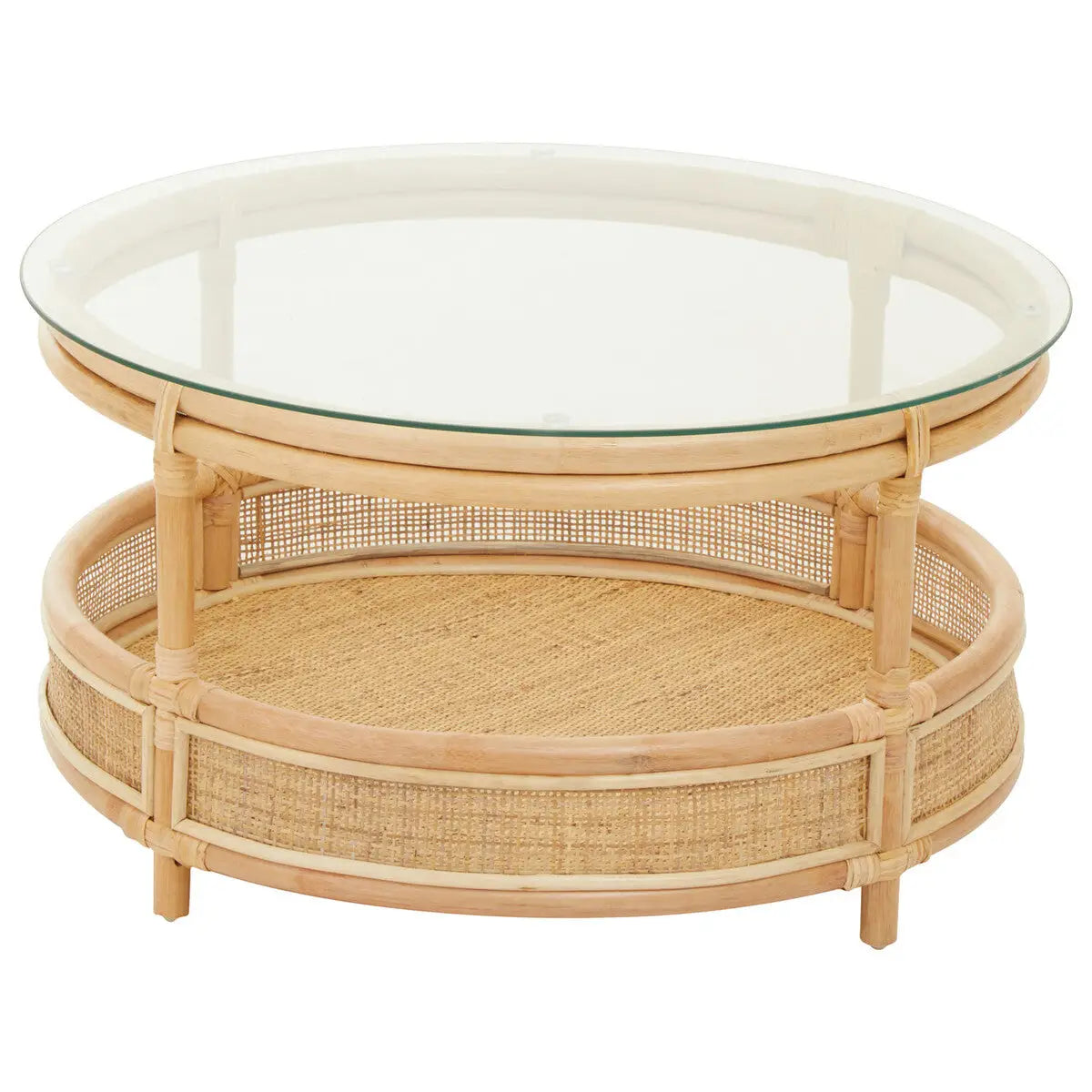 Clear Glass Top Natural Rattan Round Coffee Table with Lower Storage Shelf, Mataram