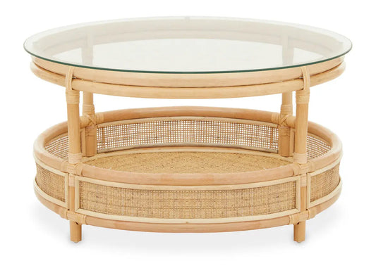 Clear Glass Top Natural Rattan Round Coffee Table with Lower Storage Shelf | Mataram