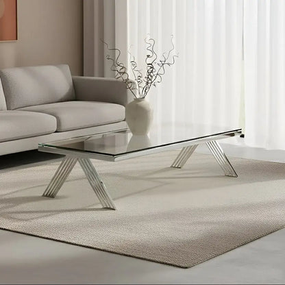 Clear Glass Top Rectangular Coffee Table with Silver Finish Stainless Steel Slim Lines Frame, Piermount
