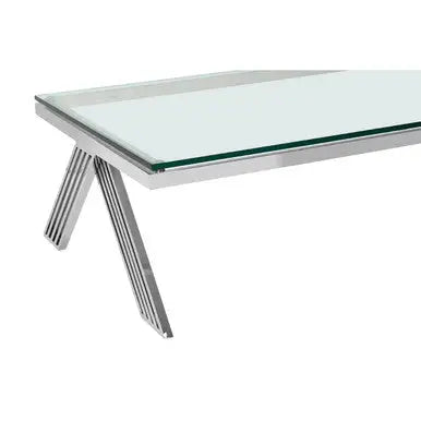Clear Glass Top Rectangular Coffee Table with Silver Finish Stainless Steel Slim Lines Frame, Piermount