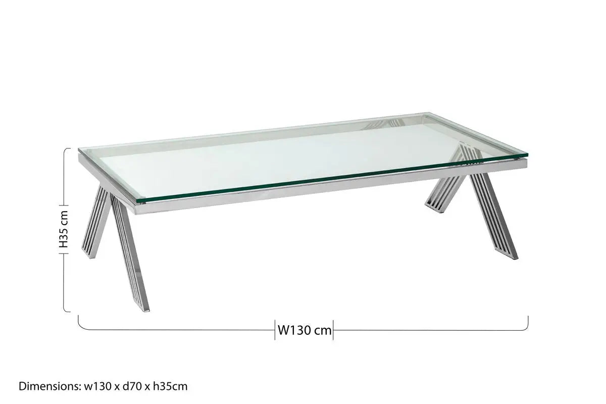 Clear Glass Top Rectangular Coffee Table with Silver Finish Stainless Steel Slim Lines Frame, Piermount