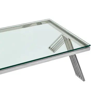 Clear Glass Top Rectangular Coffee Table with Silver Finish Stainless Steel Slim Lines Frame, Piermount