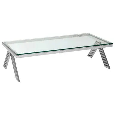 Clear Glass Top Rectangular Coffee Table with Silver Finish Stainless Steel Slim Lines Frame, Piermount