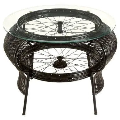 Clear Glass Top Table with Black Finish Bamboo and Iron Frame, Mantis