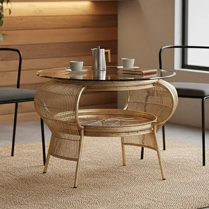Clear Glass Top Table with Champagne Gold Bamboo and Iron Frame, Mantis
