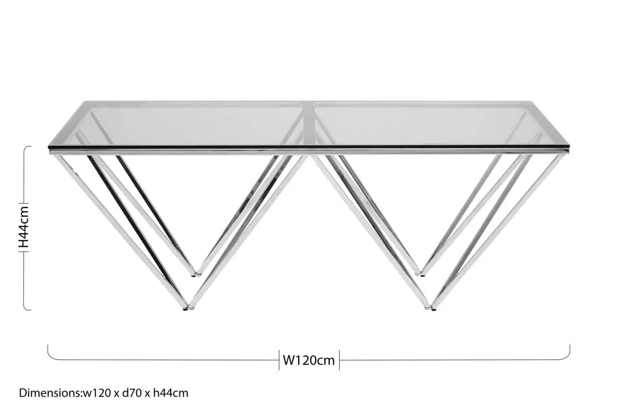 Clear Tempered Glass Coffee Table with Chrome Metal Triangular Base, Allure
