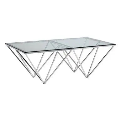 Clear Tempered Glass Coffee Table with Chrome Metal Triangular Base, Allure