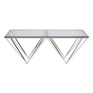 Clear Tempered Glass Coffee Table with Chrome Metal Triangular Base, Allure