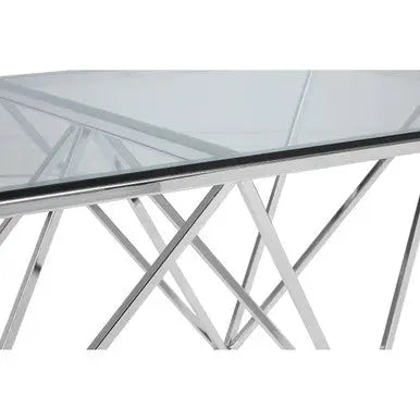 Clear Tempered Glass Coffee Table with Chrome Metal Triangular Base, Allure