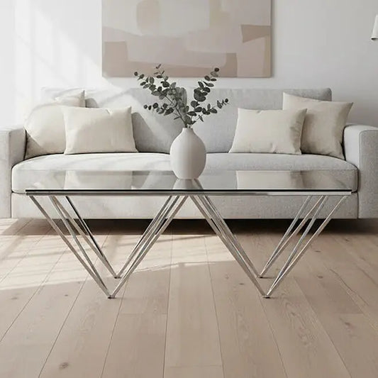 Clear Tempered Glass Coffee Table with Chrome Metal Triangular Base, Allure