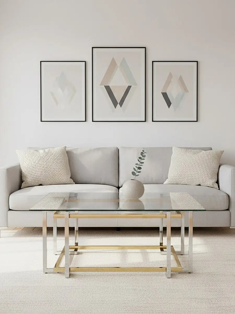 Clear Tempered Glass Top Coffee Table with Silver and Gold Stainless Steel Base, Elino