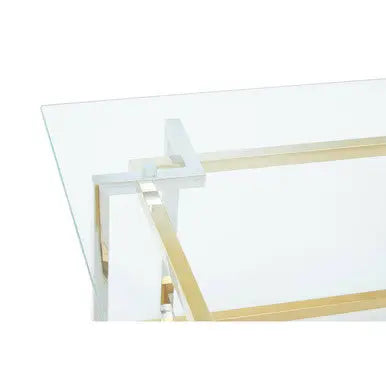 Clear Tempered Glass Top Coffee Table with Silver and Gold Stainless Steel Base, Elino