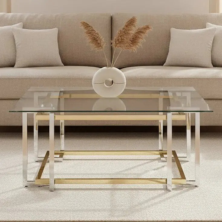 Clear Tempered Glass Top Coffee Table with Silver and Gold Stainless Steel Base, Elino