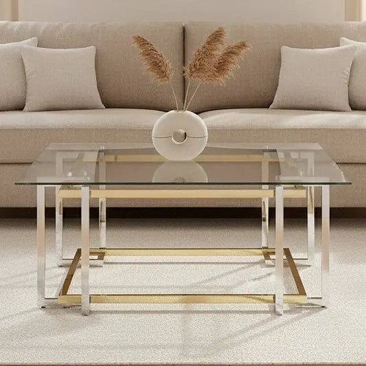 Clear Tempered Glass Top Coffee Table with Silver and Gold Stainless Steel Base, Elino