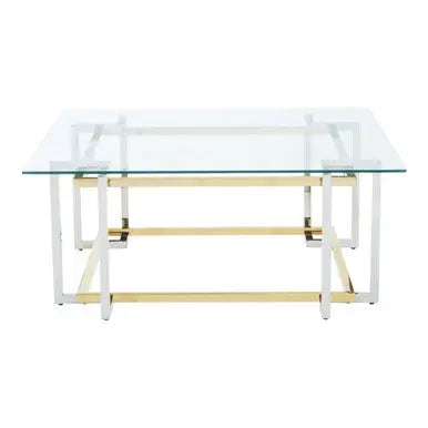 Clear Tempered Glass Top Coffee Table with Silver and Gold Stainless Steel Base, Elino