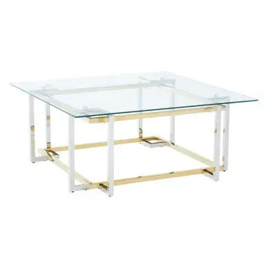 Clear Tempered Glass Top Coffee Table with Silver and Gold Stainless Steel Base, Elino