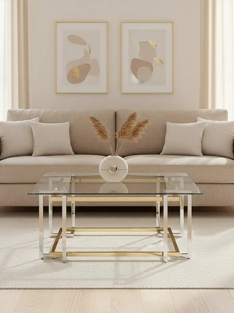 Clear Tempered Glass Top Coffee Table with Silver and Gold Stainless Steel Base, Elino