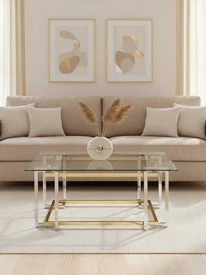 Clear Tempered Glass Top Coffee Table with Silver and Gold Stainless Steel Base, Elino