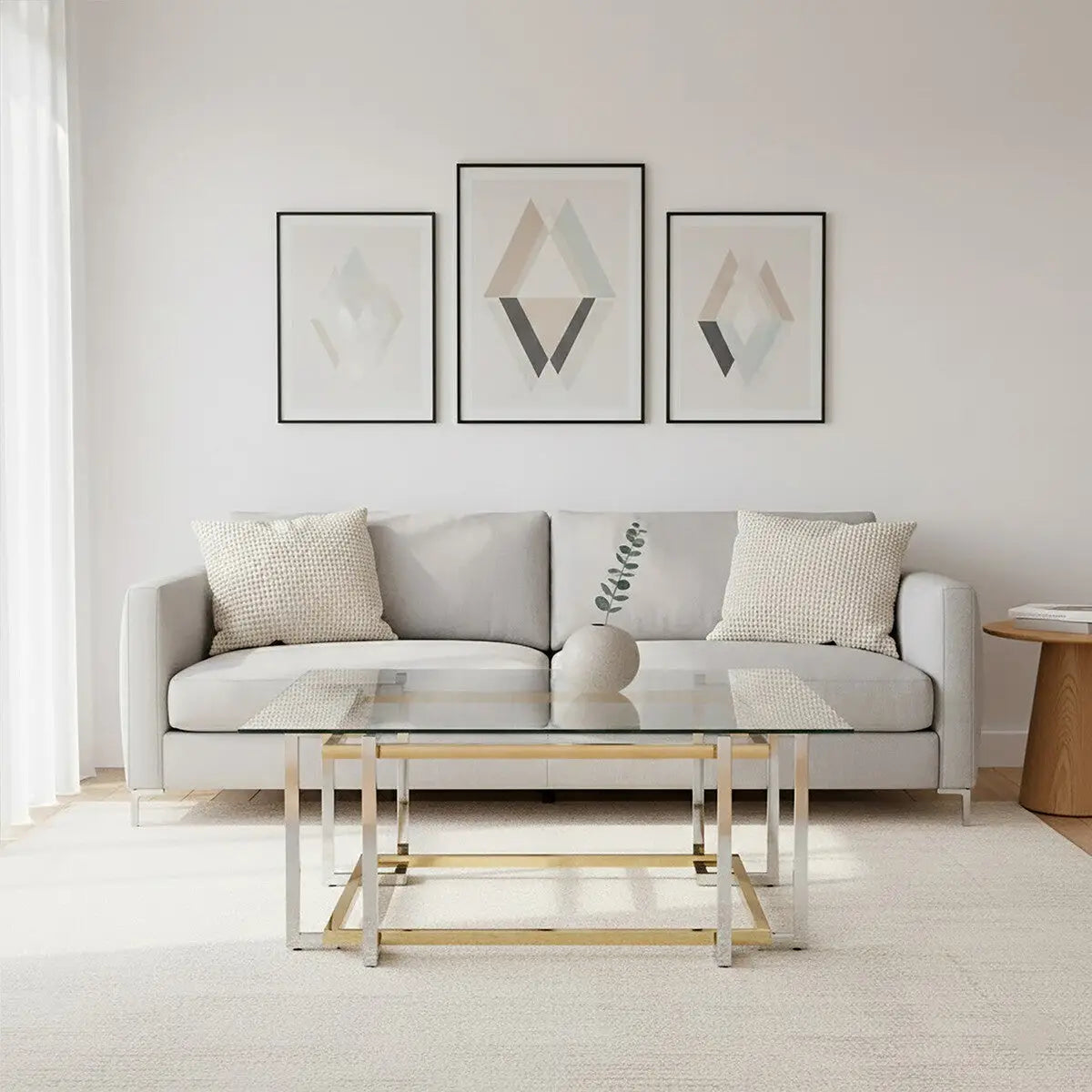 Clear Tempered Glass Top Coffee Table with Silver and Gold Stainless Steel Base, Elino