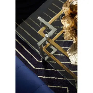 Clear Tempered Glass Top Coffee Table with Silver and Gold Stainless Steel Base, Elino