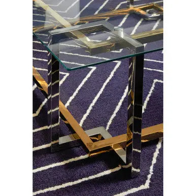 Clear Tempered Glass Top Coffee Table with Silver and Gold Stainless Steel Base, Elino