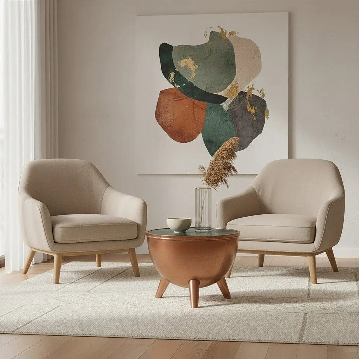 Copper Metallic Finish Coffee Table with Natural Green Marble Top and Tapered Legs, Crest