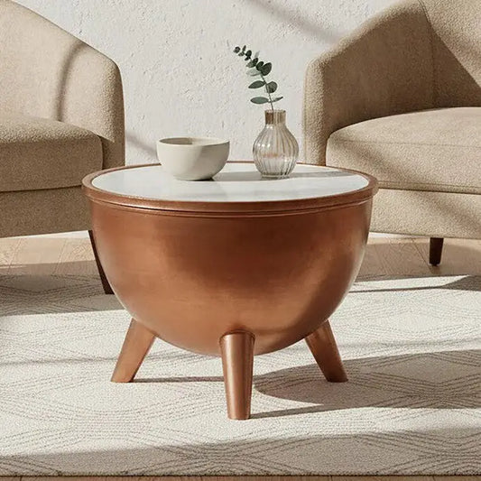 Copper Metallic Finish Coffee Table with Natural White Marble Top and Tapered Legs | Crest