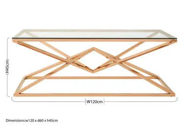 Corseted Rose Gold Triangle Steel Base Coffee Table with Tempered Glass Top, Allure
