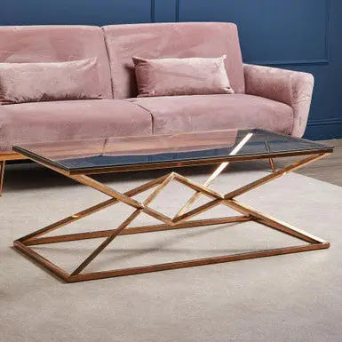 Corseted Rose Gold Triangle Steel Base Coffee Table with Tempered Glass Top | Allure