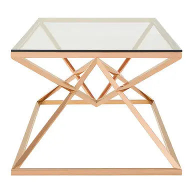 Corseted Rose Gold Triangle Steel Base Coffee Table with Tempered Glass Top, Allure