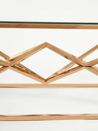 Corseted Rose Gold Triangle Steel Base Coffee Table with Tempered Glass Top, Allure
