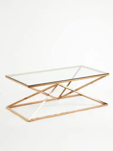 Corseted Rose Gold Triangle Steel Base Coffee Table with Tempered Glass Top, Allure