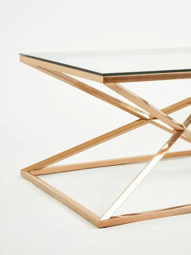 Corseted Rose Gold Triangle Steel Base Coffee Table with Tempered Glass Top, Allure