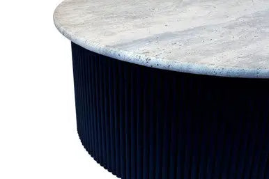 Cream Polished Travertine Top Coffee Table with Ridged Black Acacia Wood Drum Base, Walton