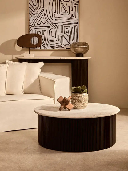 Cream Polished Travertine Top Coffee Table with Ridged Black Acacia Wood Drum Base, Walton