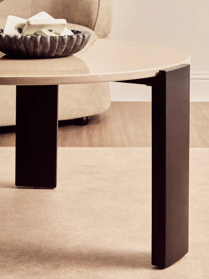 Cream Round Marble Top Large Coffee Table with Black Acacia Legs, Palermo