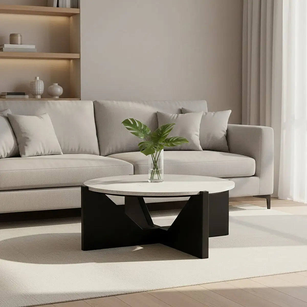 Cream Travertine Top Coffee Table with Black Acacia Wood Geometric Frame, Walton