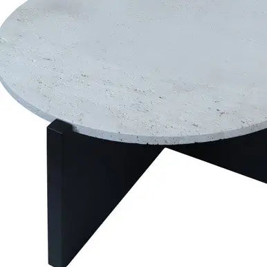 Cream Travertine Top Coffee Table with Black Acacia Wood Geometric Frame, Walton