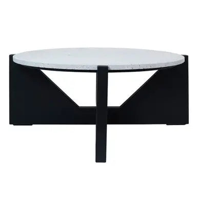 Cream Travertine Top Coffee Table with Black Acacia Wood Geometric Frame, Walton