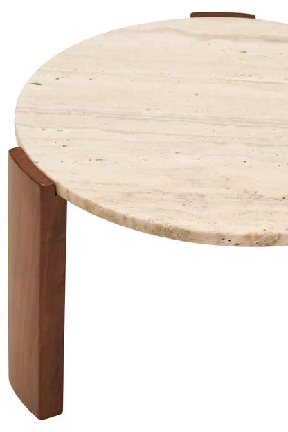 Cream Travertine Top Small Round Coffee Table with Natural Brown Acacia Wood Legs, Palermo