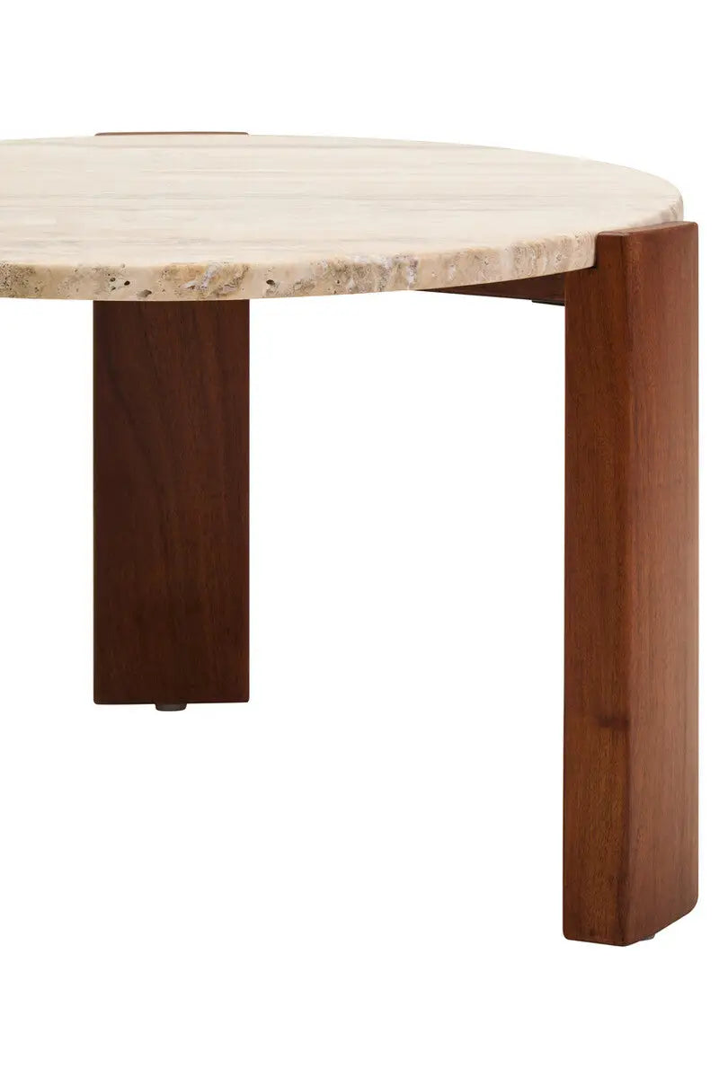 Cream Travertine Top Small Round Coffee Table with Natural Brown Acacia Wood Legs, Palermo