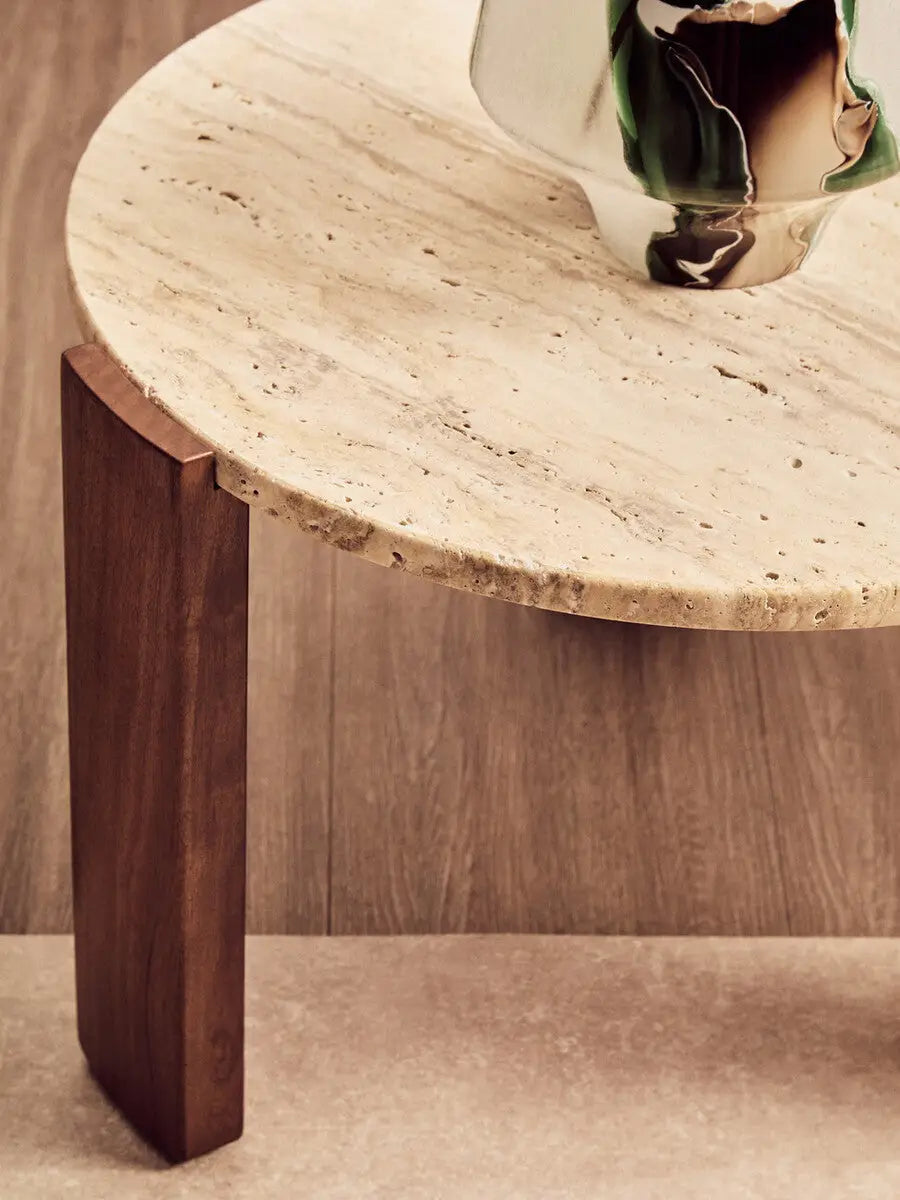 Cream Travertine Top Small Round Coffee Table with Natural Brown Acacia Wood Legs, Palermo