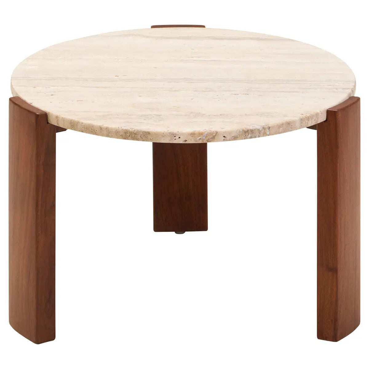 Cream Travertine Top Small Round Coffee Table with Natural Brown Acacia Wood Legs, Palermo
