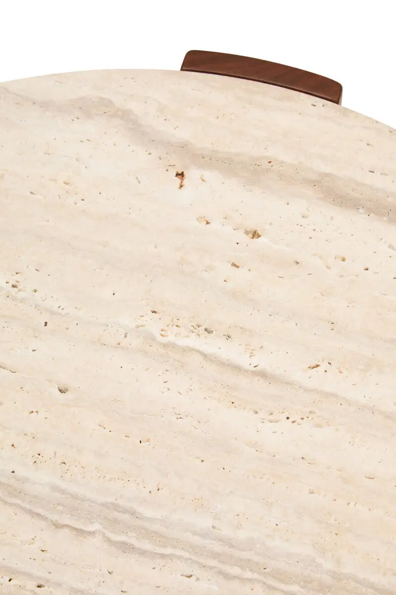 Cream Travertine Top Small Round Coffee Table with Natural Brown Acacia Wood Legs, Palermo